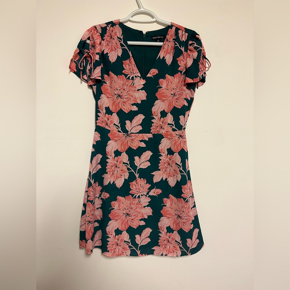 J Crew Mercantile Green Pink Floral Print Tie Sleeve V Neck Dress Size 4 A Line